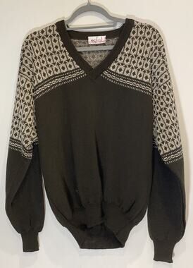 Vintage 70’s Edic Brown & Gray Geometric Knit V-neck Sweater Made in Italy Med?